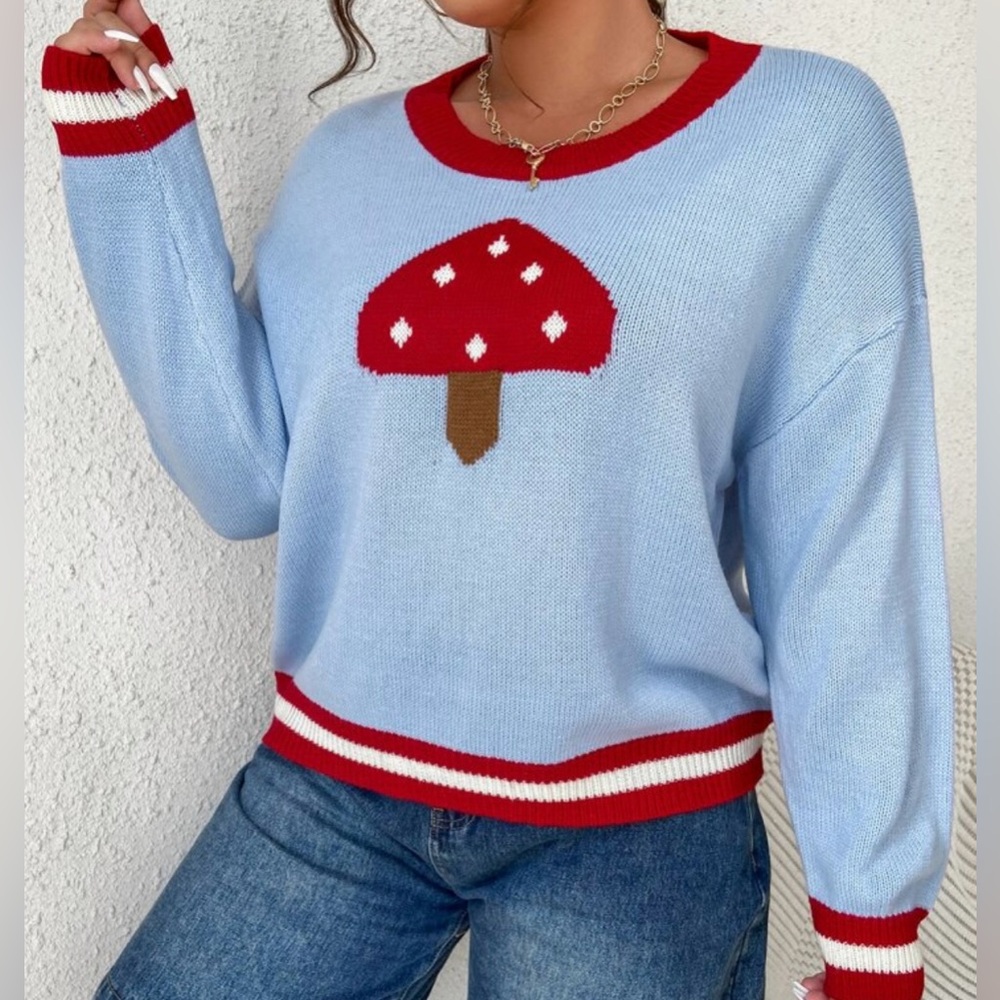 NEW 3 XL Plus Mushroom Pattern Contrast Trim Drop Shoulder Sweater